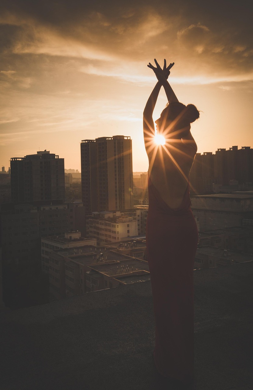 woman, sunset, dancing